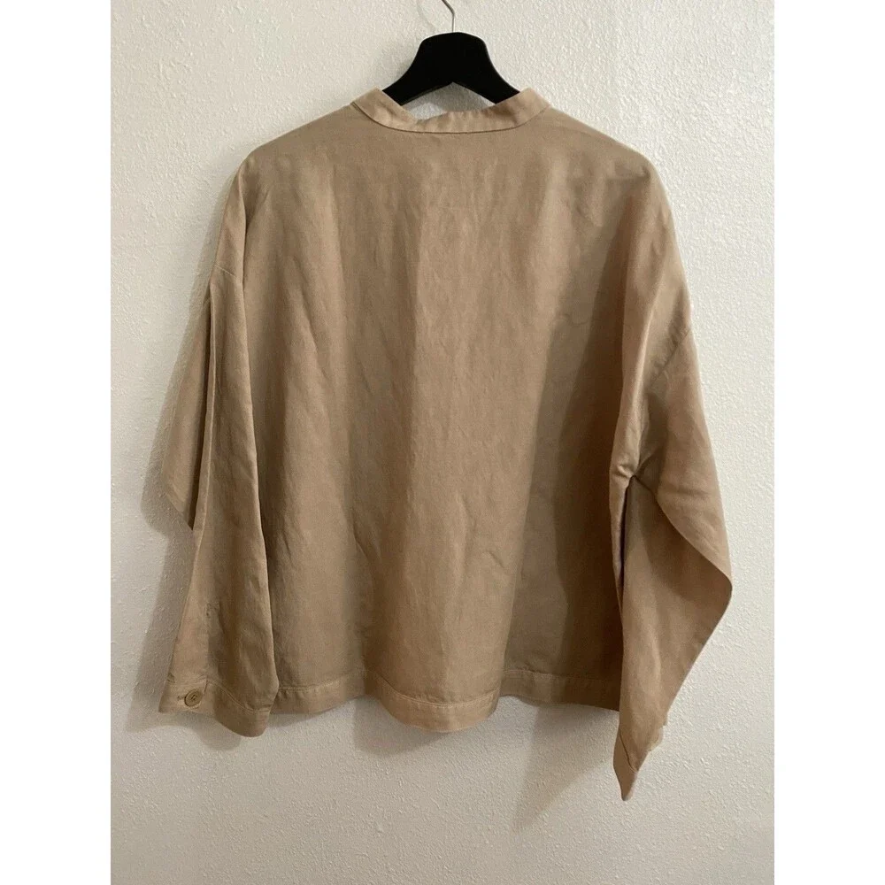 Eileen Fisher Beige Classic Linen Boxy Jacket With Stand Collar XL D32
